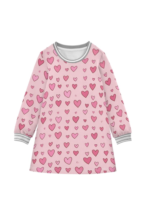 long-sleeved dress Pink Heart A-line dress with ribbed cuffs Soft and comfortable