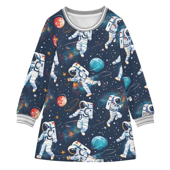 long-sleeved dress Print Of Astronauts and Space Motifs A-line dress with ribbed cuffs Soft and comfortable