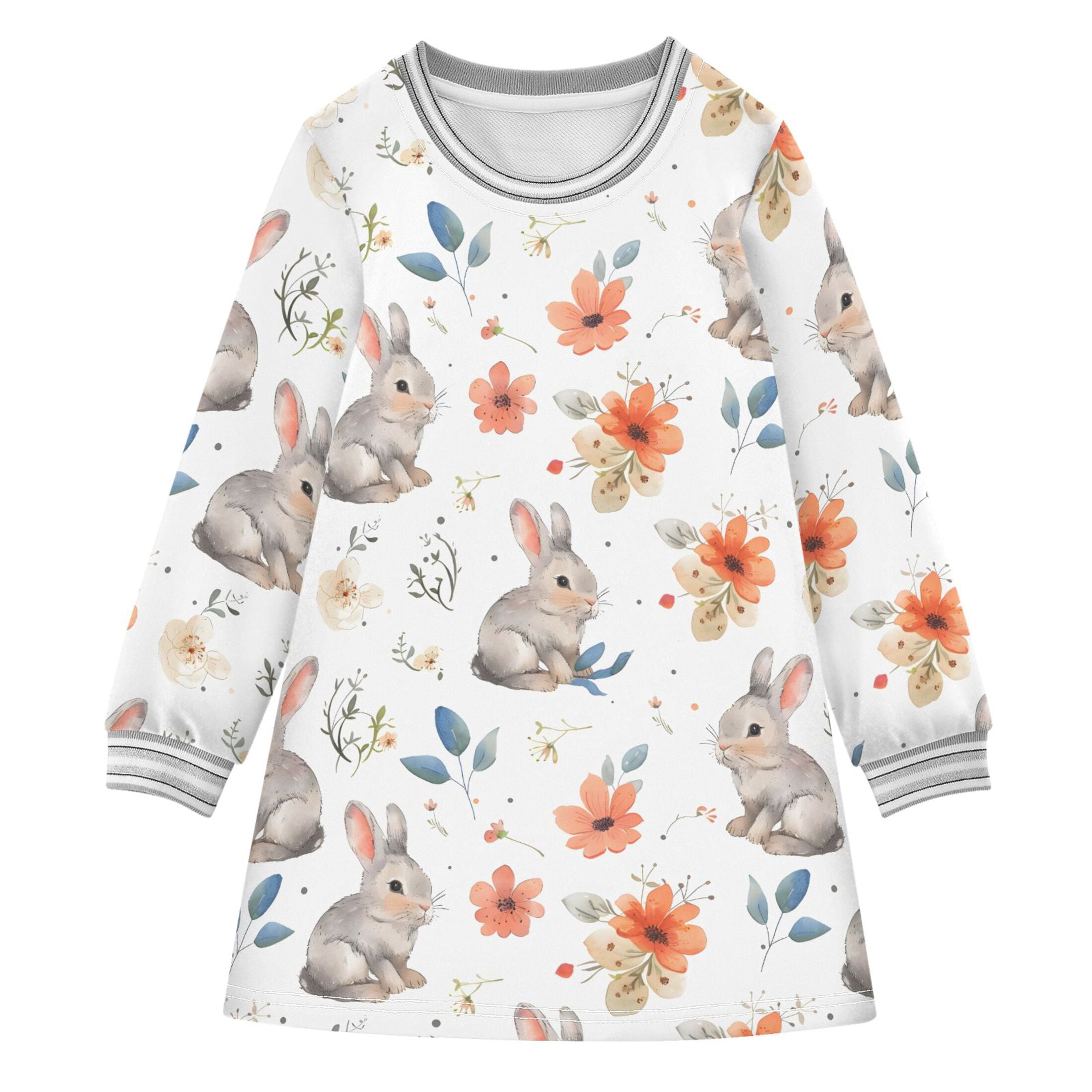long-sleeved dress Rabbits and Many Flowers A-line dress with ribbed ...