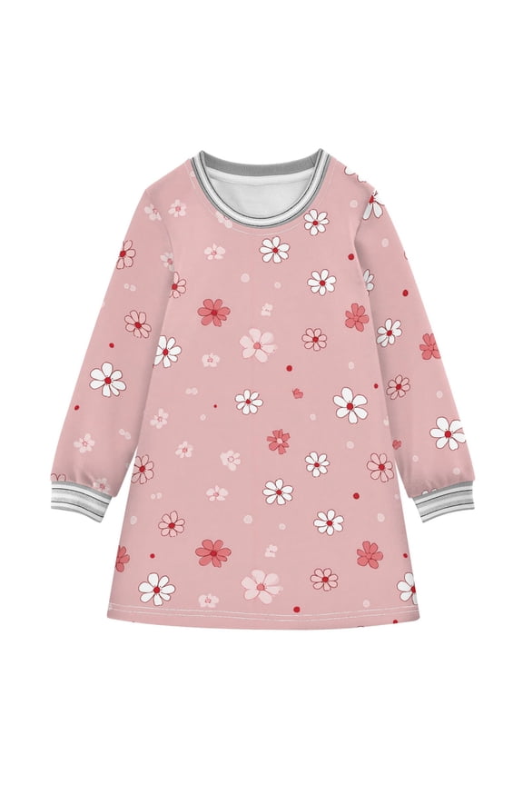long-sleeved dress Small Pink Flowers A-line dress with ribbed cuffs Soft and comfortable