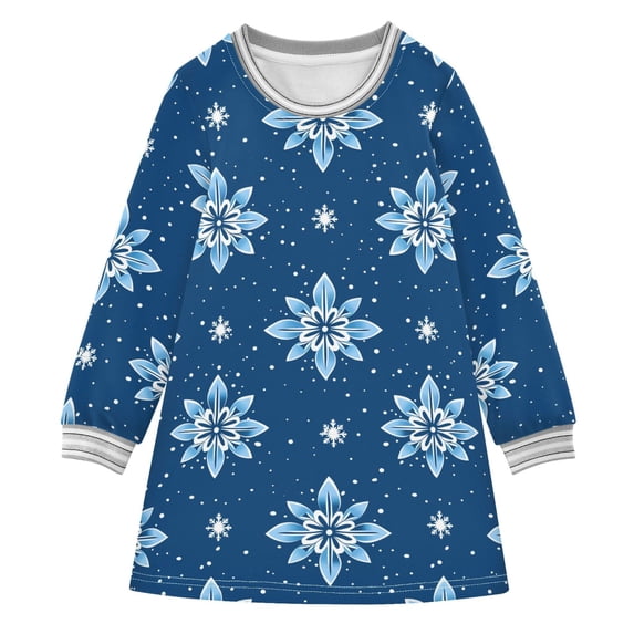 long-sleeved dress Snowflakes Snowflake Geometric Elements Blue Background Pattern A-line dress with ribbed cuffs Soft and comfortable