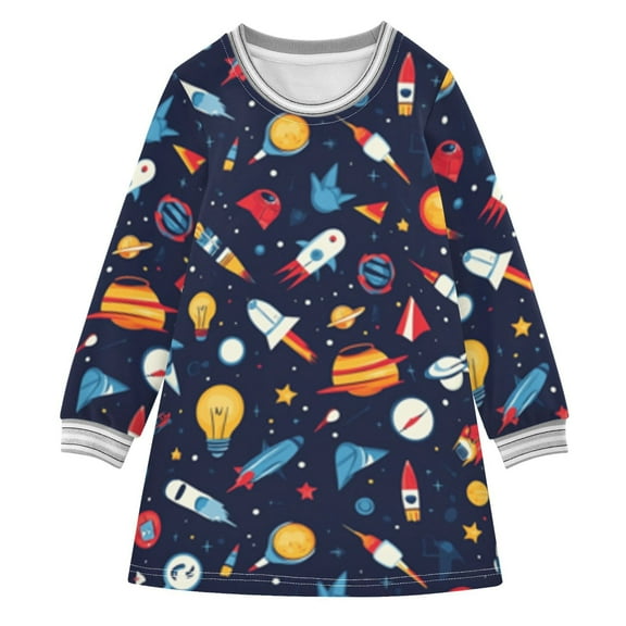 long-sleeved dress Space Theme Cartoon Planet Rocket A-line dress with ribbed cuffs Soft and comfortable