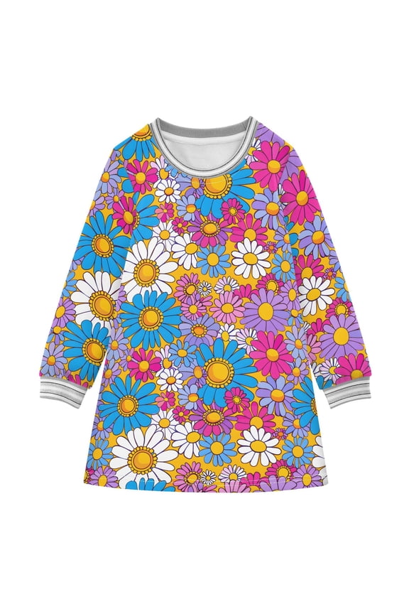 long-sleeved dress Square Vector - Flower Characters in Hippie Style A-line dress with ribbed cuffs Soft and comfortable