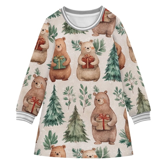 long-sleeved dress Three Brown Bears Holding Gifts A-line dress with ribbed cuffs Soft and comfortable