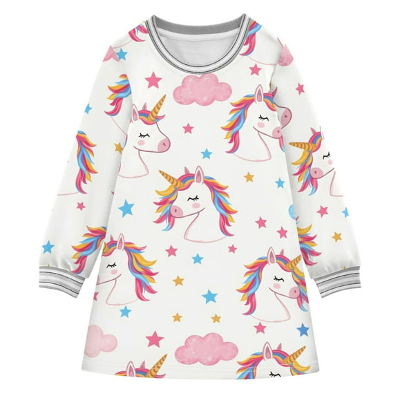 long-sleeved dress Unicorn Clouds Stars A-line dress with ribbed cuffs Soft and comfortable