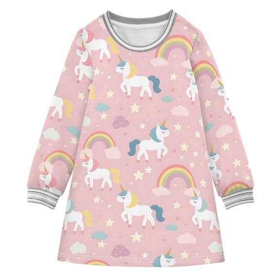 long-sleeved dress Unicorn Rainbow Stars A-line dress with ribbed cuffs Soft and comfortable