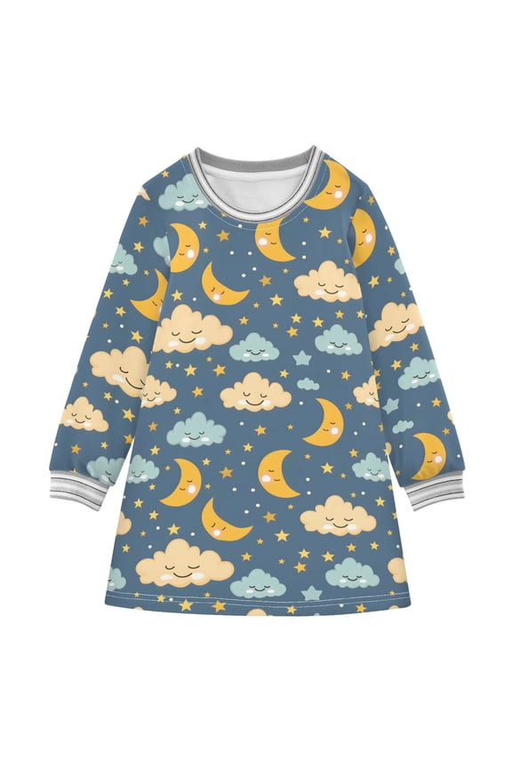 long-sleeved dress Vector Childish with Moons Stars and Clouds A-line dress with ribbed cuffs Soft and comfortable