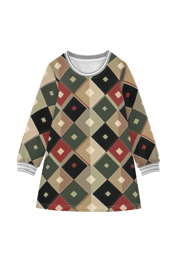 long-sleeved dress Vintage Red Black Green Argyle Pattern A-line dress with ribbed cuffs Soft and comfortable