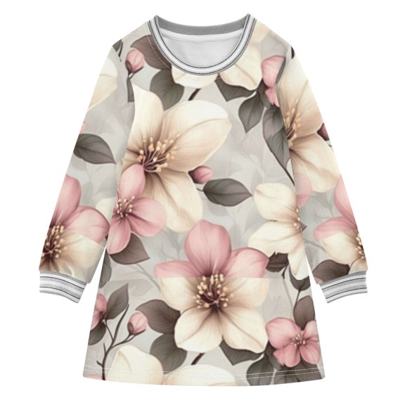 long-sleeved dress Vintage Style Beige Flowers A-line dress with ribbed cuffs Soft and comfortable