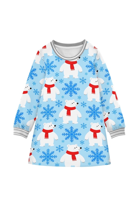 long-sleeved dress White Bear Pattern A-line dress with ribbed cuffs Soft and comfortable