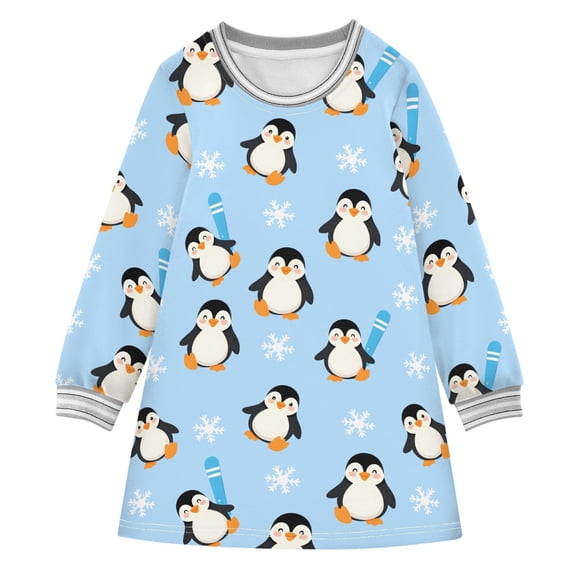 long-sleeved dress Winter Snowflake Penguin A-line dress with ribbed cuffs Soft and comfortable
