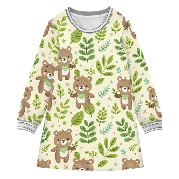 long-sleeved dress with Cartoon Bear and Leaf A-line dress with ribbed cuffs Soft and comfortable