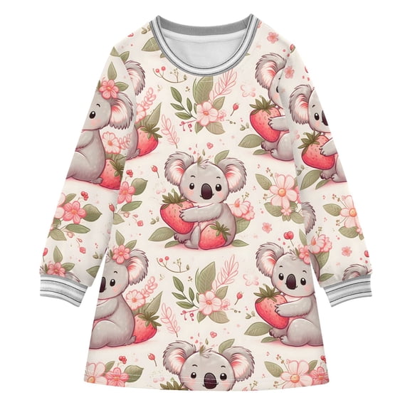 long-sleeved dress with Cartoon Koala Bear A-line dress with ribbed cuffs Soft and comfortable