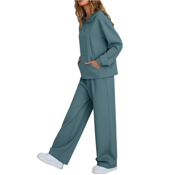 longantii 2 Piece Sets for Women Lounge Long Sleeve Hoodie Sweatsuit Loose Solid Color Wide Leg Sweatpants Tracksuit Fashion Fall Winter Travel Airport Outfits Blue M