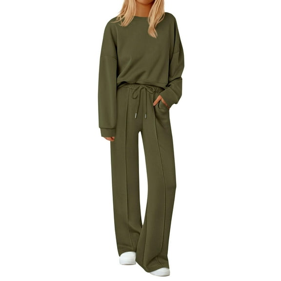 longantii 2 Piece Sets for Women Lounge Hoodie Sweatsuit Loose Wide Leg Sweatpants Travel Airport Outfits Army Green XXL
