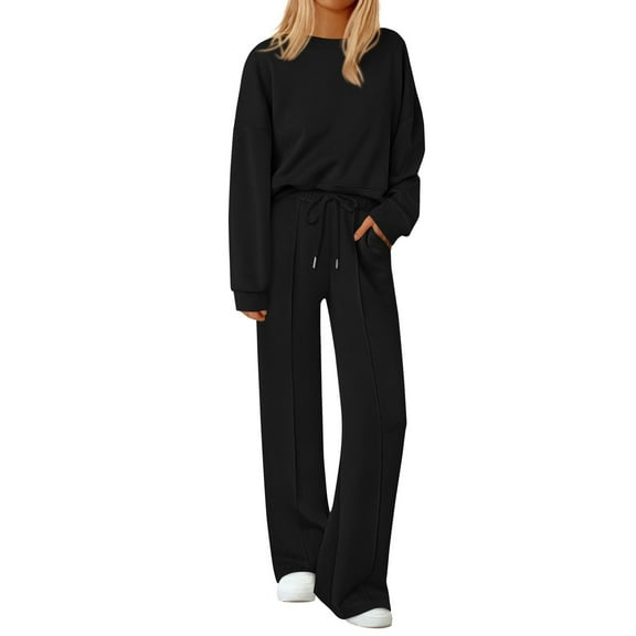 longantii 2 Piece Sets for Women Lounge Hoodie Sweatsuit Loose Wide Leg Sweatpants Travel Airport Outfits Black L