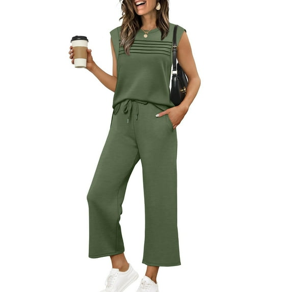longantii 2 Piece Sets for Women Summer Lounge Sets Travel Vacation Outfits Cap Sleeve Sweatsuit Side Slit Wide Leg Pants Army Green XXL
