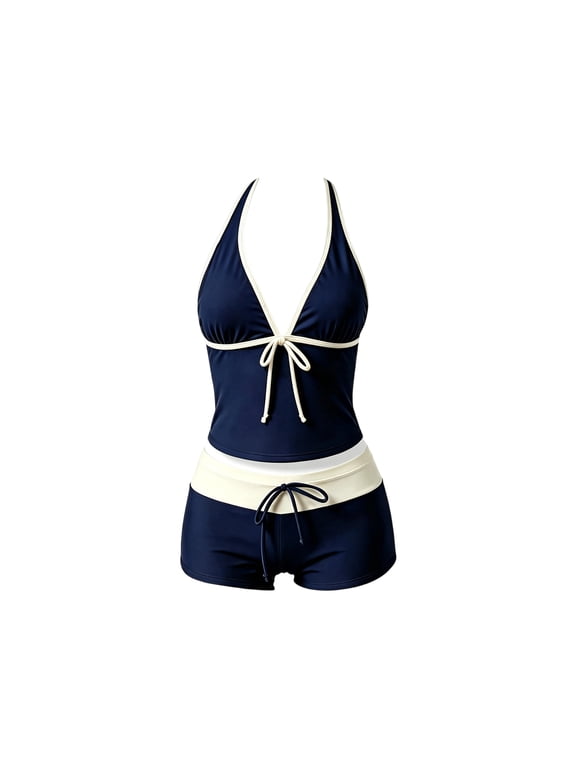 2 Pieces Bikini Set Y2k Vintage Coquette Halter Tankini Top with Shorts Whimsy Polka Dot Vacation Beach Swimsuit 2026 Summer Dark Blue S