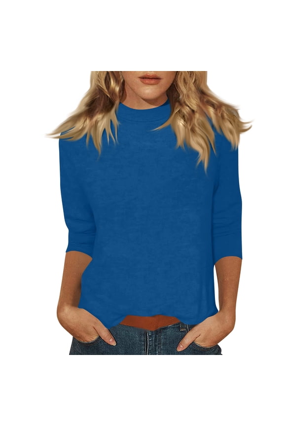 3/4 Length Sleeve Womens Tops Casual Loose Fit Mock Neck T Shirts Cute Solid Three Quarter Length Tunic Tops Blue L