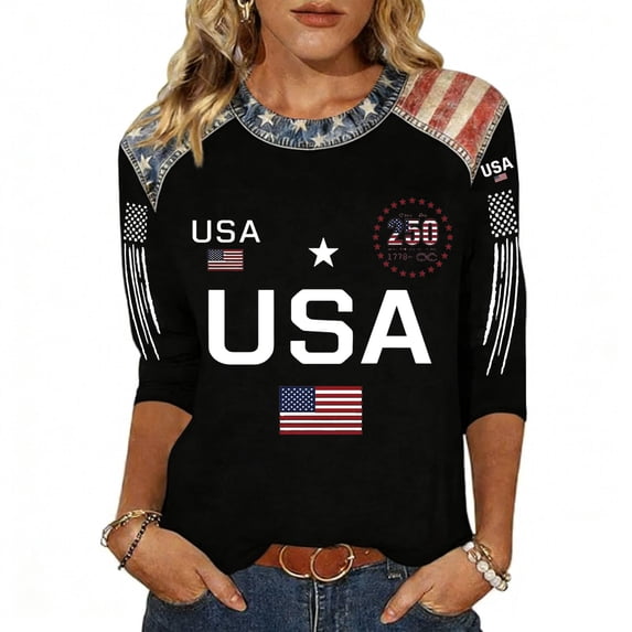 longantii 3/4 Sleeve Tops for Women 250 Anniversary Usa Crew Neck shirtss Relaxed Fit American Flag Tops Fourth Of July Blouses Black 5XL