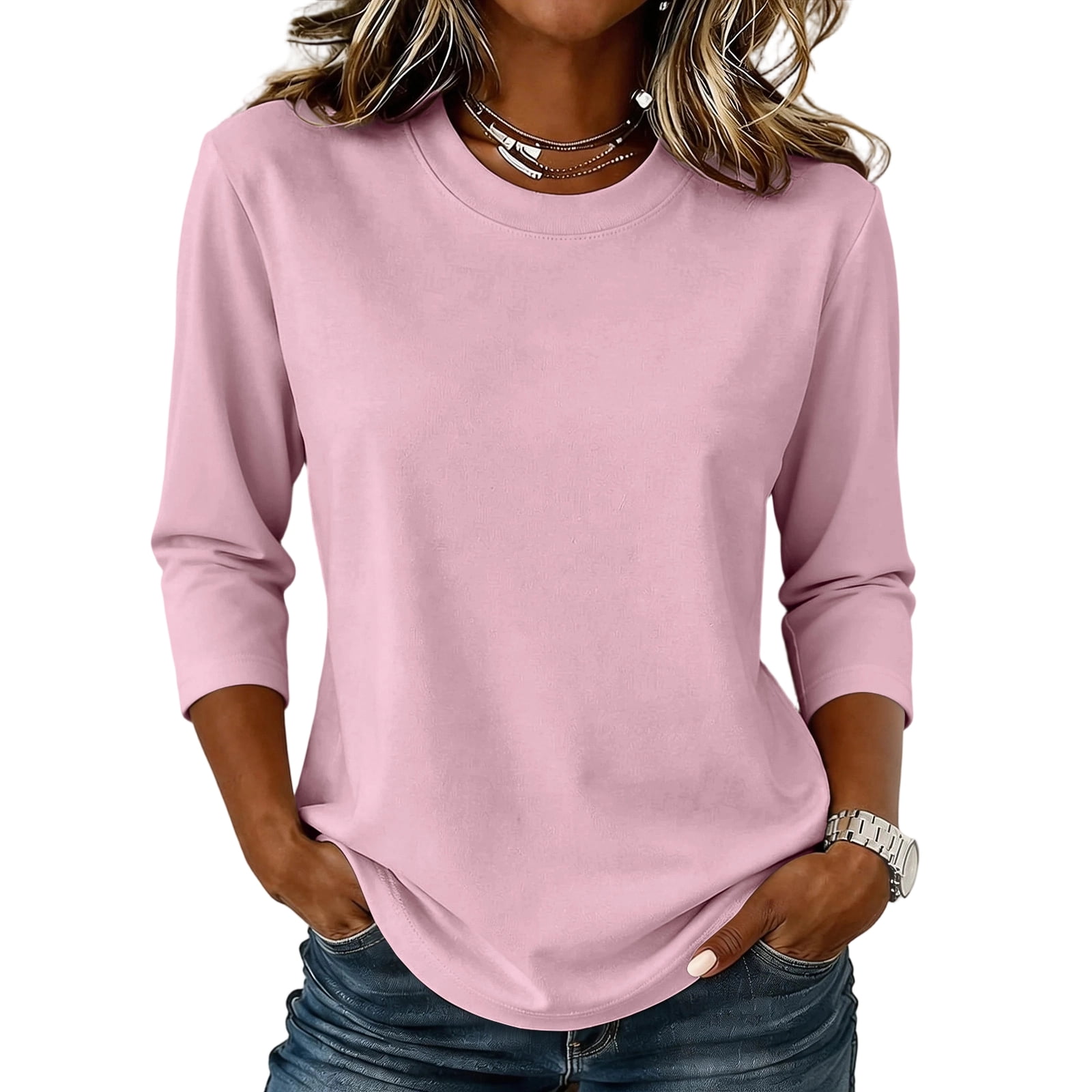 longantii 3/4 Sleeve Tops for Women Round Neck Dressy Basics Tees ...