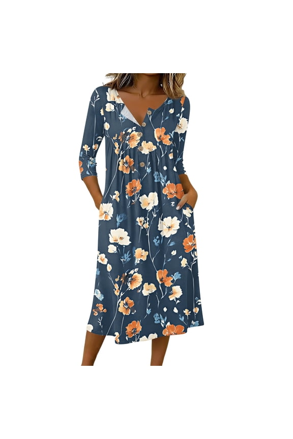 3/4 Sleeve Womens Dress Casual Flowy A-Line Midi T-Shirt Dresses with Pockets Crewneck Vocation Boho Beach Sundress Dark Blue XXL