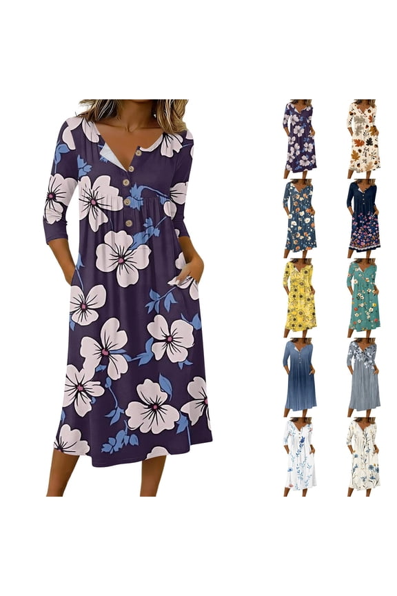 3/4 Sleeve Womens Dress Casual Flowy A-Line Midi T-Shirt Dresses with Pockets Crewneck Vocation Boho Beach Sundress Dark Purple XXL
