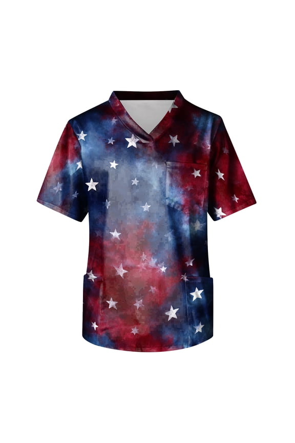 4th Of July Scrubs Top for Men Casual Patriotic V-Neck Short Sleeve Graphic Printed Tops Summer Comfort Stretch Nurse Scrubs with Pockets Dark Blue M