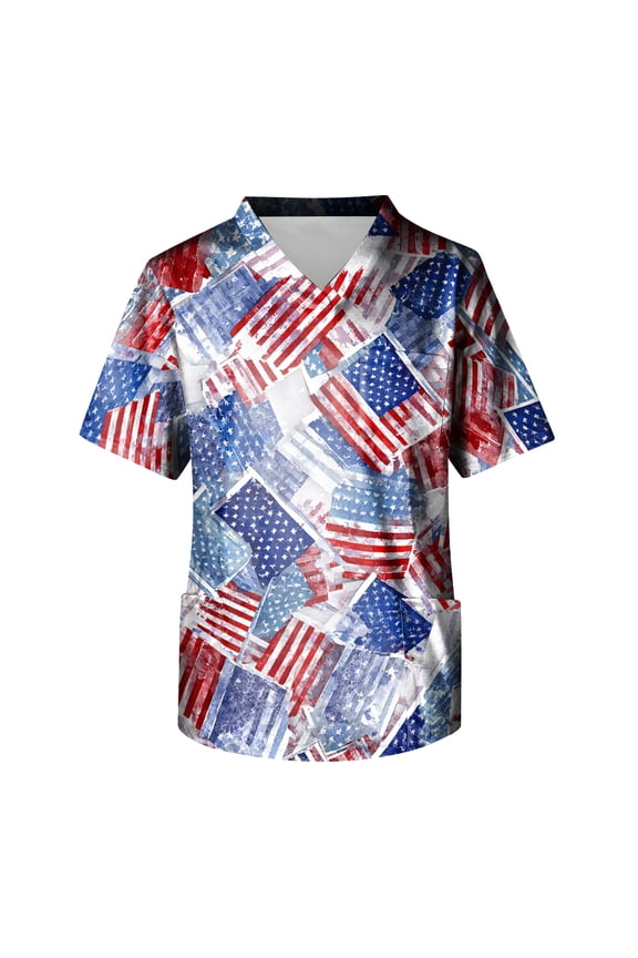 4th Of July Scrubs Top for Men Casual Patriotic V-Neck Short Sleeve Graphic Printed Tops Summer Vintage Stretchy Medical Nursing Uniforms with Pockets Red XXXXXL
