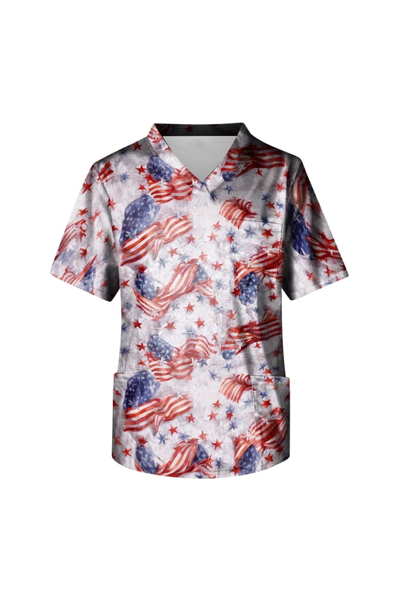4th Of July Scrubs Top for Men Regular Fit Patriotic V-Neck Short Sleeve Graphic Printed Scrub Tops 2026 Summer Comfort Stretchy Work Uniform with Pockets Red XXL
