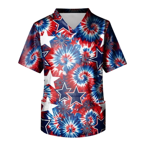 longantii 4th Of July Scrubs Top for Men Regular Fit Patriotic V-Neck Short Sleeve Graphic Printed Scrub Uniform Tops 2026 Summer Comfy Stretchy Nurse Scrubs with Pockets Deep Red XXL
