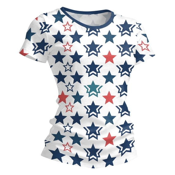 longantii 4th Of July Shirts Women American Flag Print Short-Sleeves Tshirts Trendy Patriotic Crewneck Tunic Tops 2026 Summer Blouses Color-Blocking Outfits Blue S