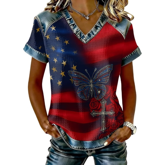 longantii 4th Of July Womens Shirts Loose Fit Pullover Comfy Vneck Short Sleeves Tees 250 Anniversary Usa American Flag Summer Clothes Red S