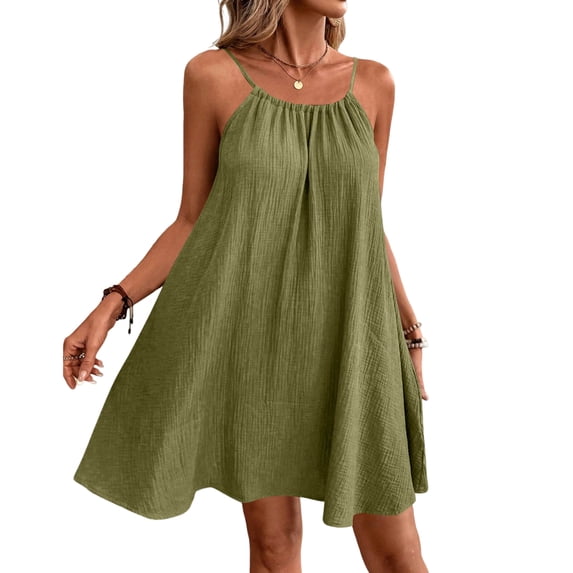 longantii A-Line Dress for Women Modern Fit Backless Mini Dress Comfy Spaghetti Strap Cami Dress Pleated Nightgowns with Pockets Green L