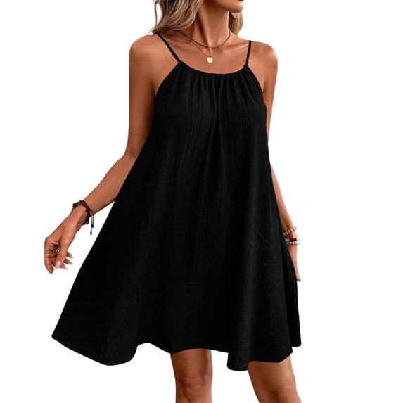 longantii A-Line Dress for Women Relaxed Fit Backless Mini Dress Fashion Spaghetti Strap Cami Dress Pleated Nightgowns with Pockets Black M