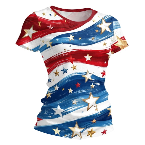 longantii American Flag Shirts for Women Patriotic Independence Day Short-Sleeves Tees Fashion Crewneck Tunic Tops Summer Blouses Color-Blocking Clothes Red 2XL