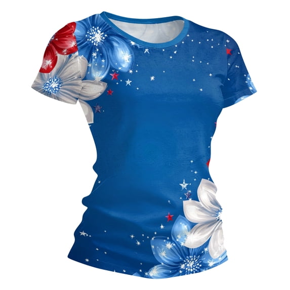 longantii American Flag Shirts for Women Patriotic July 4th Short Sleeves T-Shirts Fashion Crewneck Tunic Tops 2026 Summer Pullover Color-Blocking Clothing Blue 2XL