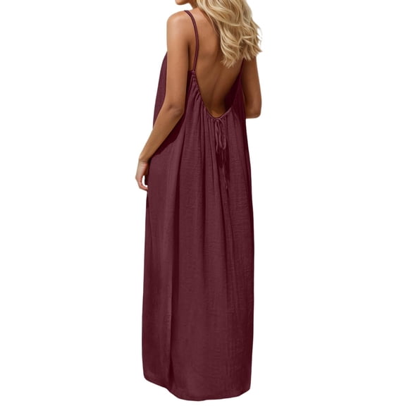 longantii Backless Cami Dresses for Women Cami Lounge Dress Backless Solid Color Sleeveless House Dress Long Sundress with Back Tie Wine M