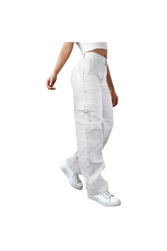 Baggy Wide Leg Cargo Pants with Pockets for Women Plus Size High Waist Stretchy Cargo Work Pants Womens Utility Pant White XXL