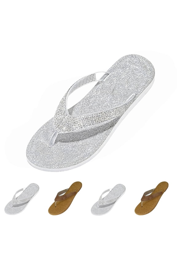 Beach Slippers for Women Summer Fancy Style Flip Flops Rhinestone Open Toe Slippers Bling-Bling Flat Slides Bling-Bling Flat Beach Flip Flops Silver