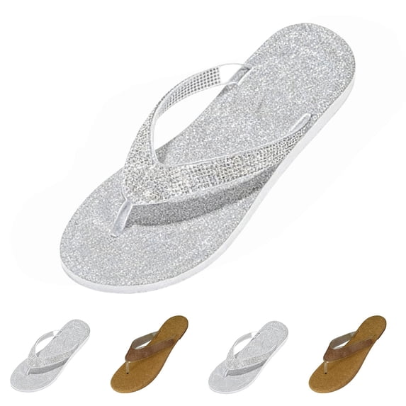 longantii Beach Slippers for Women Summer Fancy Style Flip Flops Rhinestone Open Toe Slippers Bling-Bling Flat Slides Bling-Bling Flat Beach Flip Flops Silver