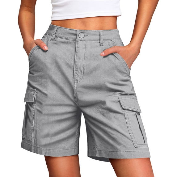 longantii Bermuda Cargo Shorts for Women Casual Knee Length Summer Elastic Waist Trendy Hiking Running Shorts with Pockets Gray S