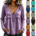 thumbnail image 1 of longantii Boho Tops For Women Vintage V Neck Long Sleeve Shirts Frayed Raw Hem Gauze Blouses Relaxed Empire Waist Beach Vacation Outfit Purple XL, 1 of 6
