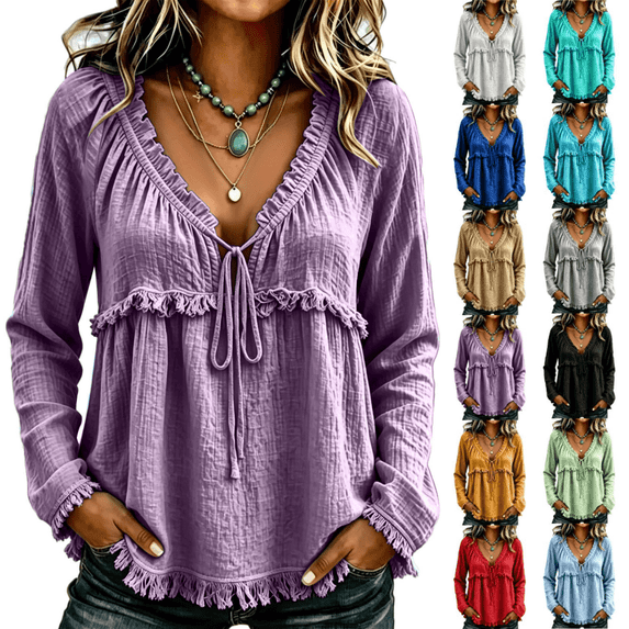 longantii Boho Tops For Women Vintage V Neck Long Sleeve Shirts Frayed Raw Hem Gauze Blouses Relaxed Empire Waist Beach Vacation Outfit Purple XL