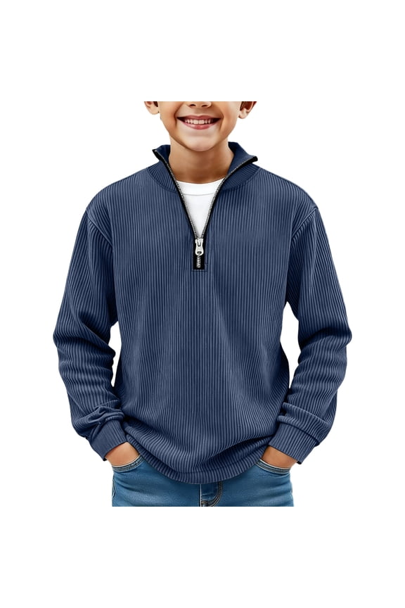 Boys Half Zip Pullover Mock Neck Ribbed Sweatshirts Outdoor Quarter Zip Up Long Sleeve Shirt Winter Clothes Navy 4-5 Years