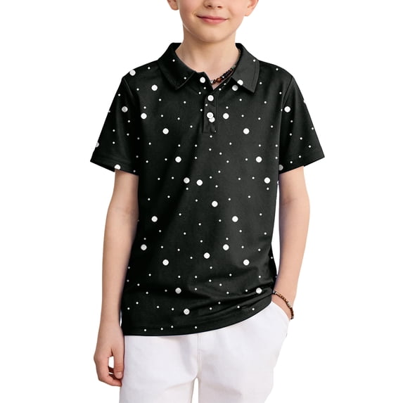 longantii Boys' Polka Dot Polo Shirts Short Sleeve Button Closure Collared Golf Tee Summer Casual School Uniform Daily Wear Black 3-4 Years