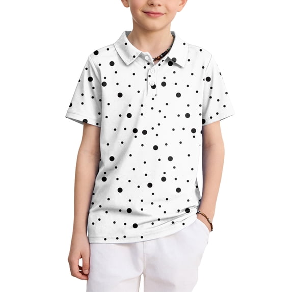 longantii Boys Short Sleeve Polo Shirt Button Down Collared Polka Dot Golf Shirts Casual School Uniform Shirt Cozy Comfort Kids Summer Tops White 13-14 Years