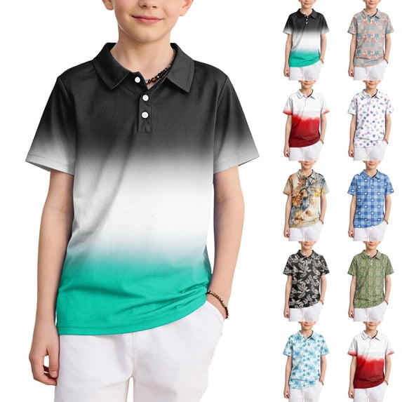longantii Boys Short Sleeve Polo Shirt Casual School Uniform Shirt Gradient Color Button Down Collared Golf Shirt Comfort Kids Summer Tops White 8-9 Years