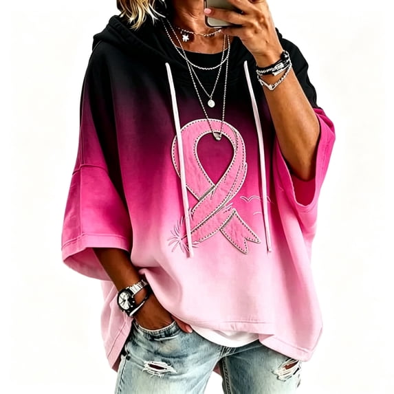 longantii Breast Cancer Sweatshirts Comfort Fall Oversized Hoodies for Women | 3/4 Sleeve Hooded Pink Ribbon Sweatshirt, October Crewneck Pullover Hoodie Comfort Loose Fit Sweaters
