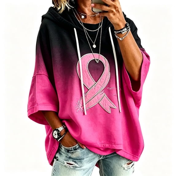 longantii Breast Cancer Sweatshirts Comfort Fall Oversized Hoodies for Women | 3/4 Sleeve Hooded Pink Ribbon Sweatshirt, October Crewneck Pullover Hoodie Comfort Loose Fit Sweaters